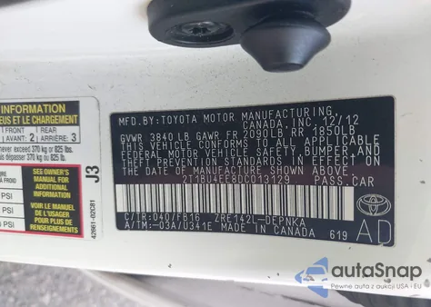 2013 Toyota Corolla Le z USA, uszkodzony, nr VIN 2T1BU4EE8DC013129